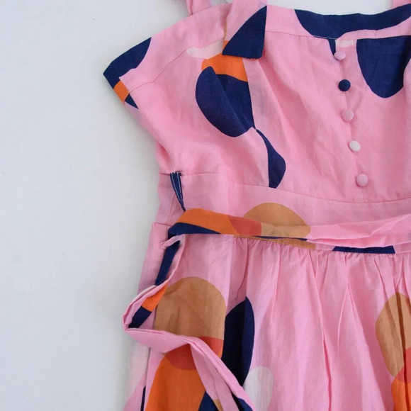 Ciebon Roma Pink & Navy Abstract Splash Apron Ruffle Cotton Midi Dress S - Picture 8 of 13